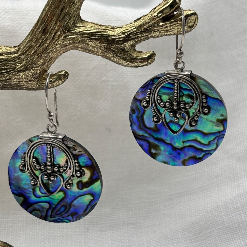Vintage BA Suarti Bali 925 Sterling Abalone Scroll Filigree Drop Earrings